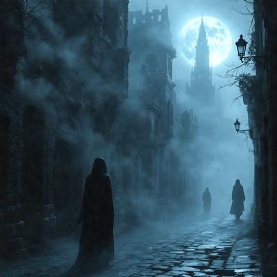 The primary subject of the image is a person walking down a dark, foggy street at night. The setting is a city street with a castle in the background, and the visual style appears to be a digital art or illustration. The colors and mood of the image are predominantly dark and mysterious, with the fog and night adding to the atmosphere.